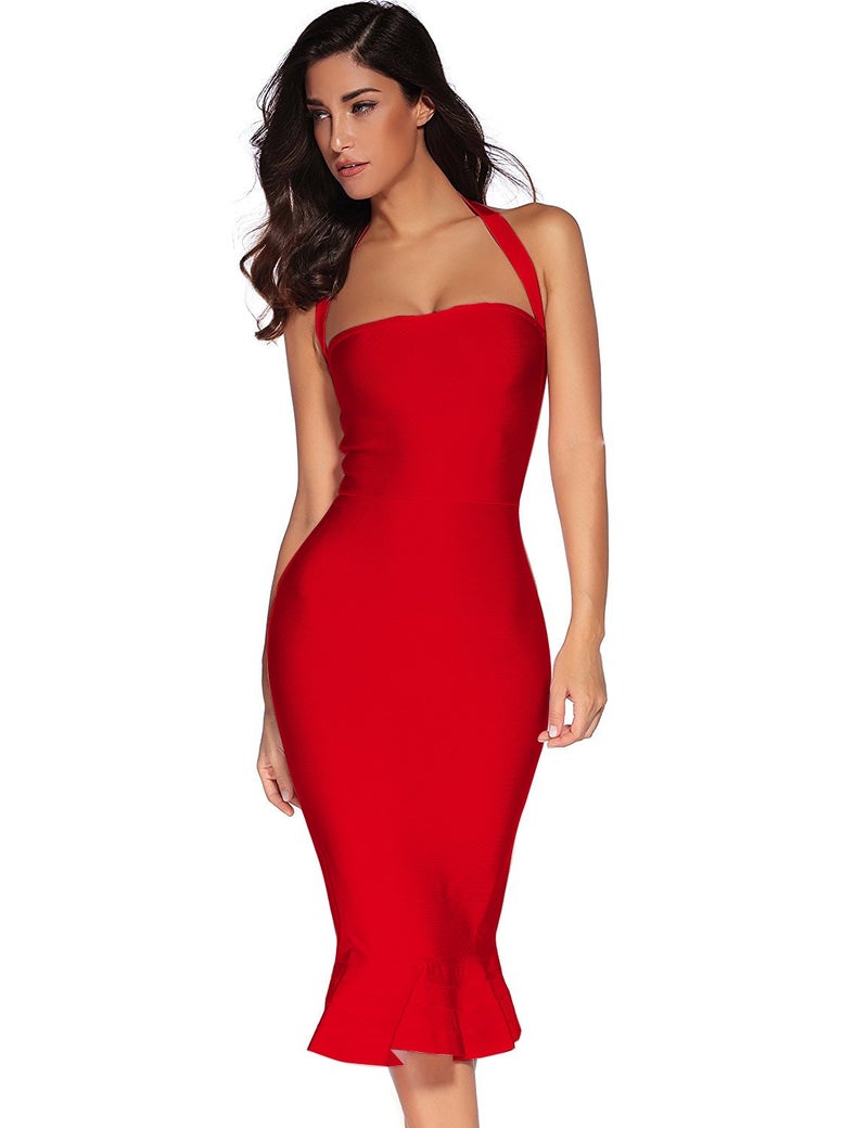 Meilun Womens Halter Fishtail Bandage Party Dress Elegant Wedding Guest Dress(Red,M) - Image 1